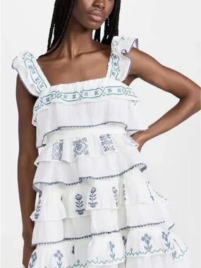 White Tiered Ruffle Mini Dress with Blue Embroidery